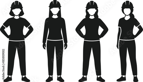 Female construction worker silhouettes wearing safety helmets standing confidently isolated on white background representing women workforce empowerment industry diversity
