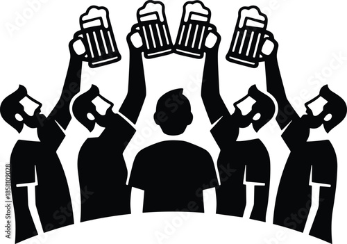 Friends celebrating with beer mugs silhouette isolated on white background representing party nightlife friendship celebration festival drinking concept