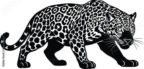 Leopard silhouette illustration walking isolated on white background representing wild animal strength power wildlife nature predator concept