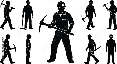 Mining worker silhouettes holding pickaxe tools isolated on white background representing labor industry safety teamwork excavation workforce strength