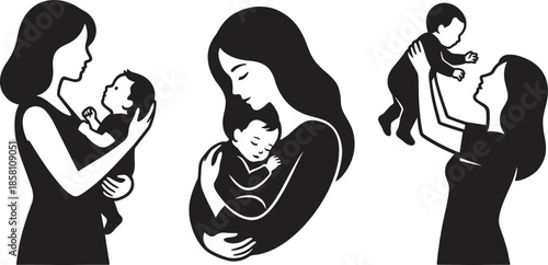 Mother and baby silhouette illustrations showing love care and bonding isolated on white background representing motherhood family nurturing concept