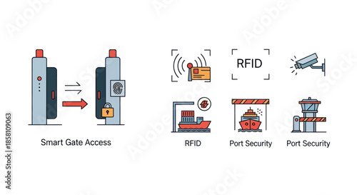 Smart Gate Access and Port Security Technology Icons.