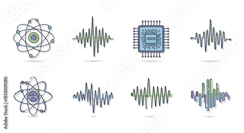Set of science and technology icons with atoms sound waves and a computer chip.