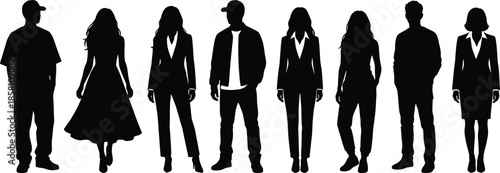 People silhouette group standing together isolated on white background representing diversity teamwork community fashion lifestyle human resources concept