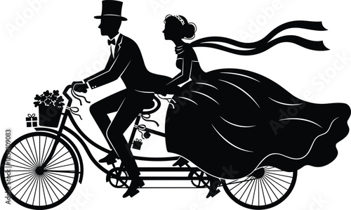 Romantic wedding couple silhouette riding vintage bicycle together isolated on white background symbolizing love marriage journey romance elegance