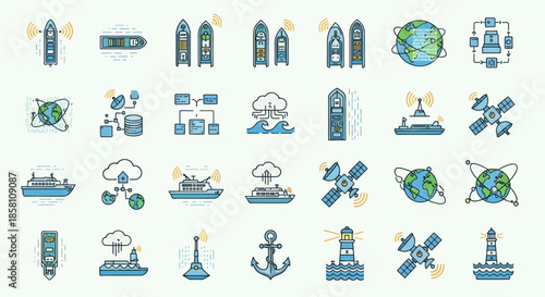 Modern Flat Line Art Icons: Global Shipping Maritime Logistics and Communication Technology.