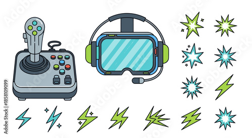 Vector Illustration of Gaming Joystick VR Headset and Explosions.