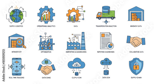 Modern flat line icon set for global business logistics data management and security.