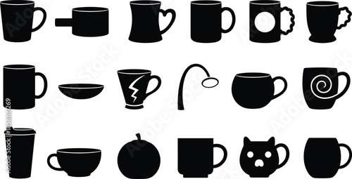 Coffee cup and mug icons set, drinkware silhouette collection, black ceramic cups bowls, tea espresso symbols, minimal vector design