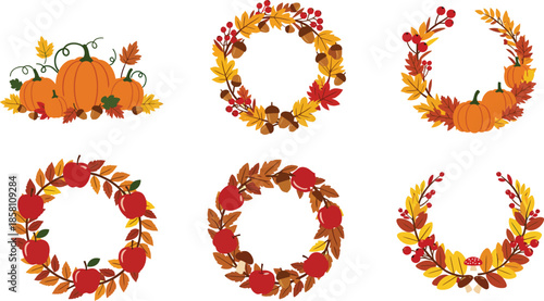 Collection of fall wreaths made of colorful leaves on white background