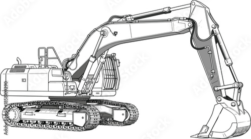 Detailed excavator machine illustration isolated on white background representing heavy construction equipment engineering industry earthmoving technology
