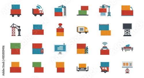 Collection of Colorful Shipping and Logistics Icons Representing Transportation and Delivery Services.