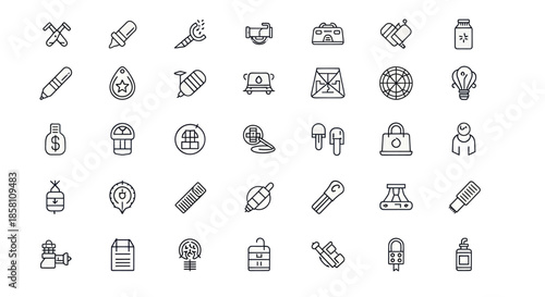 Collection of Minimalist Line Art Icons on White Background.