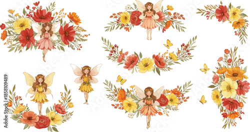 Watercolor floral arrangements in various shapes on white background