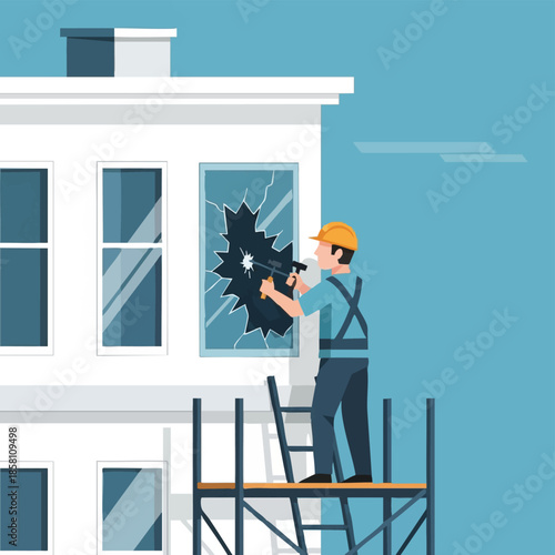 Window repairman fixing broken window pane on scaffolding.