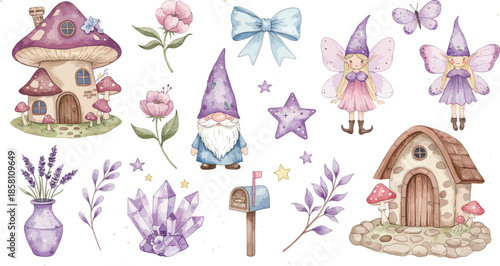 Whimsical illustration of fairy tale houses flowers butterflies and stars in pastel colors