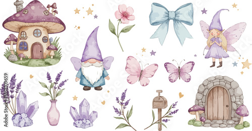 Whimsical illustration of gnomes fairies butterflies flowers and mushrooms in pastel colors