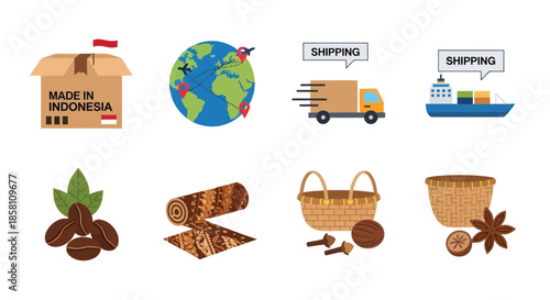 Indonesian export and global shipping vector icon set with products like coffee batik and spices.