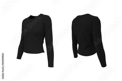 Realistic 3D mockup of women’s slim fit long sleeve crewneck t-shirt. Front, side, and back view clothing design template. 3d illustration, 3d rendering