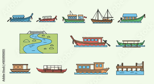 Colorful Illustrated Collection of Various Boat Designs and Styles.