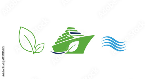 Green Cruise Ship with Leaf Symbol and Water Waves Icon.