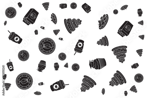 Dynamic monochrome pattern of fast food, drinks, and graduation elements isolated on transparent background, Vector