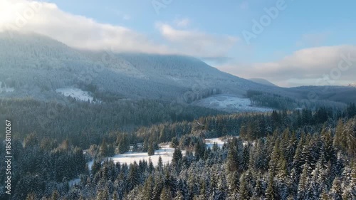 aerial footage capturing the pristine beauty of the snow-covered Carpathian Mountains within Synevyr National Park, Ukraine.