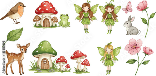 Whimsical forest creatures and plants with fairies and animals in a magical setting