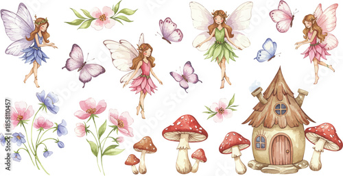 Whimsical illustration of fairies butterflies flowers and mushrooms in fantasy setting