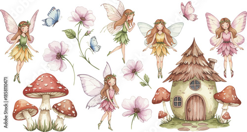 Whimsical fairy illustration with mushroom house and flowers in fantasy setting