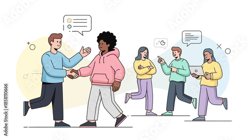 People communicating and interacting in various ways.