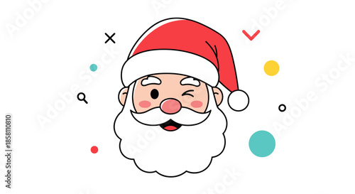 Adorable cartoon Santa Claus winking and smiling surrounded by colorful geometric symbols like circles and crosses on a white background.