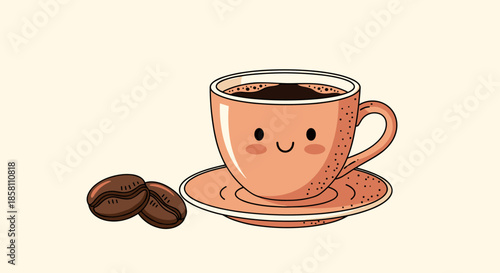 Cute illustration of a smiling coffee cup on a saucer next to two roasted coffee beans for morning energy and cafe concepts.
