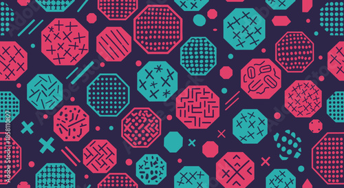 Vibrant seamless abstract pattern featuring teal and pink octagonal shapes with various patterns on a dark purple background for design.