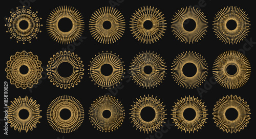 Extensive collection of eighteen different golden sunburst and mandala designs arranged in a grid against a solid black background.