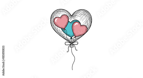 Romantic heart-shaped balloon sketch containing smaller pink and blue heart balloons tied with a ribbon for love and Valentine day.