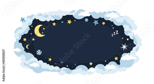 Detailed night sky illustration with a crescent moon, colorful stars, and planets framed by fluffy blue clouds on a plain white background.