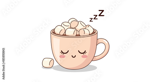 Adorable cartoon illustration of a sleeping cup of hot chocolate filled with marshmallows for cozy winter nights and relaxing breaks.
