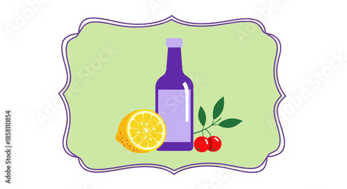 Flat illustration of a purple juice bottle accompanied by a sliced lemon and red cherries within a decorative light green frame border.