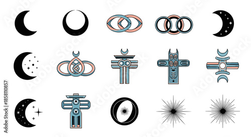 Diverse collection of celestial and mystical symbols including moon phases, stars, and tribal motifs for spiritual and occult art projects.