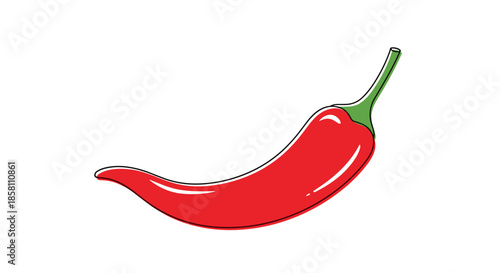 Vibrant red chili pepper illustration with a green stem and simple outlines for spicy food menus, recipes, and kitchen decorations.