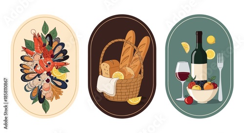 Set of three elegant oval vignettes showcasing gourmet seafood, a bread basket, and a wine bottle with fruit for culinary themes.