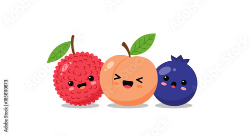 Trio of adorable fruit characters including a lychee, a peach, and a blueberry with friendly faces for healthy eating and kids themes.