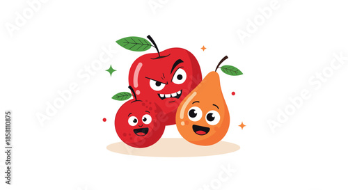 Humorous illustration of a grumpy red apple surrounded by a cheerful small berry and a happy orange pear character for kids.
