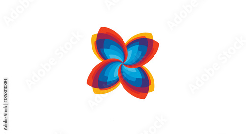 Modern abstract logo design resembling a four-petaled flower with overlapping colorful layers in orange, red, blue, and purple hues.