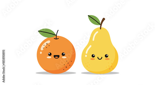 Friendly cartoon orange and pear characters with sweet expressions and rosy cheeks for healthy snacks and children education.
