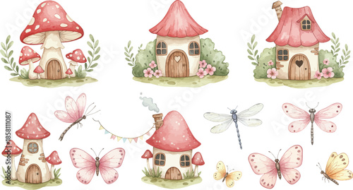 Whimsical fairy tale mushroom houses with butterflies and dragonflies