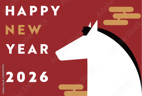 シンプルな馬で飾られた午年の2026年度版横向き年賀状テンプレート（赤）　2026 horizontal happy new year's card template decorated with a simple horse (red)