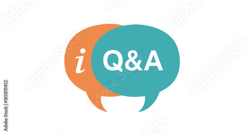 A flat graphic icon of overlapping orange and teal speech bubbles for QA and information.