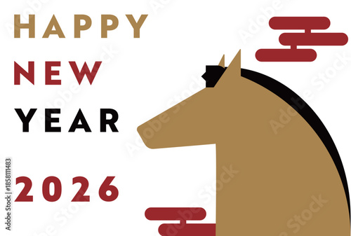 シンプルな馬で飾られた午年の2026年度版横向き年賀状テンプレート（白）　2026 horizontal happy new year's card template decorated with a simple horse (white)	